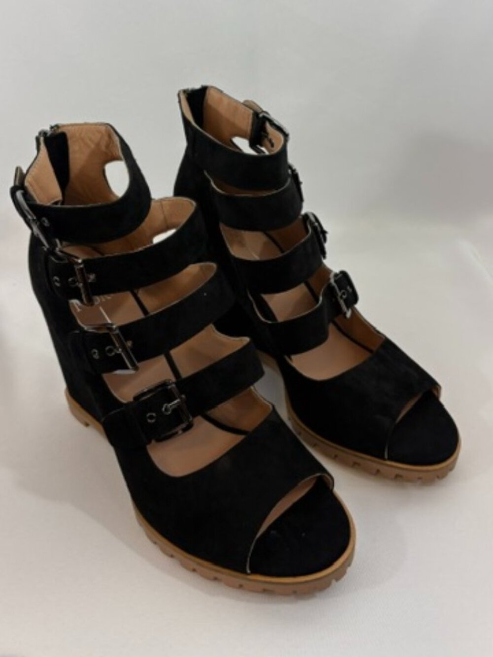 Linea Paolo-Wisteria Buckle Wedge Sandal - Black Kid Suede